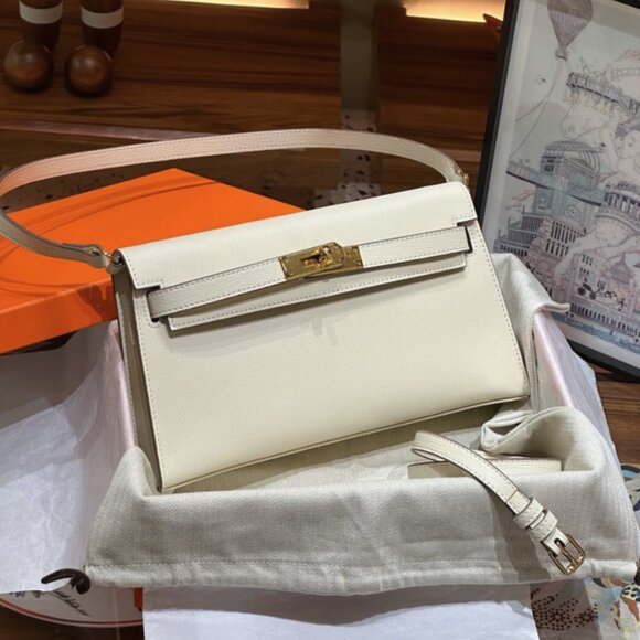 Handbags - White Genuine Leather Envelope/ Baguette Bag | 2 Interchangeable Straps